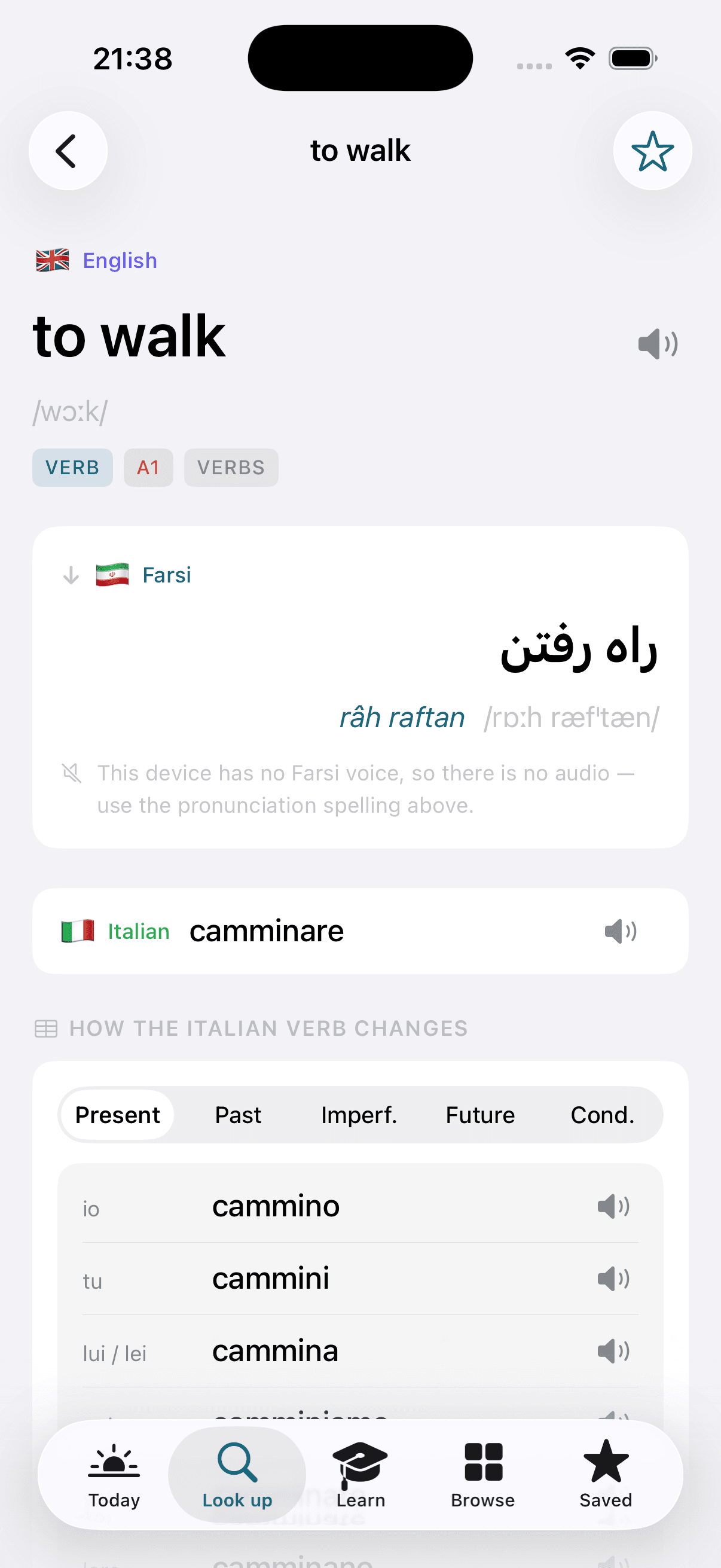 ItFarsi — a word entry across English, Farsi, and Italian