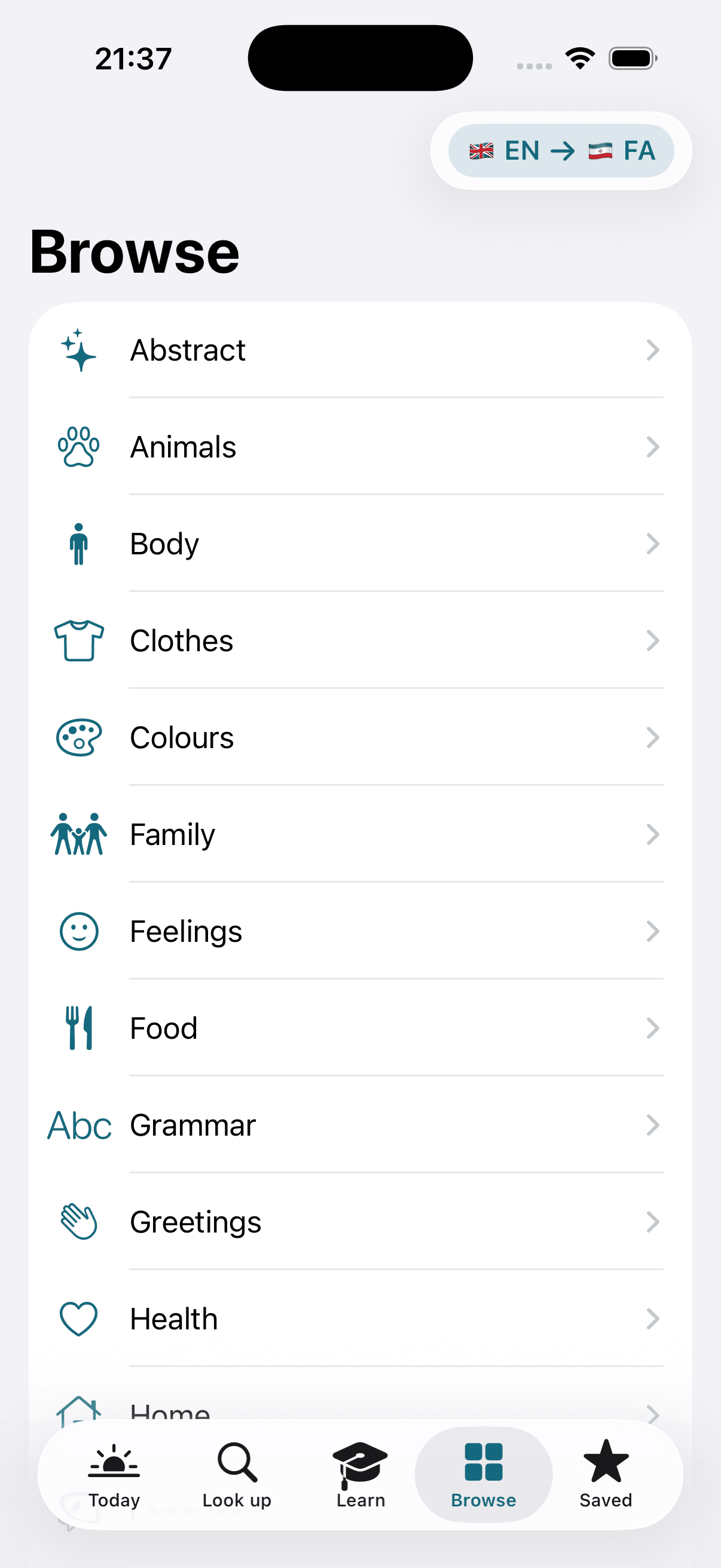 ItFarsi — browsing words by category