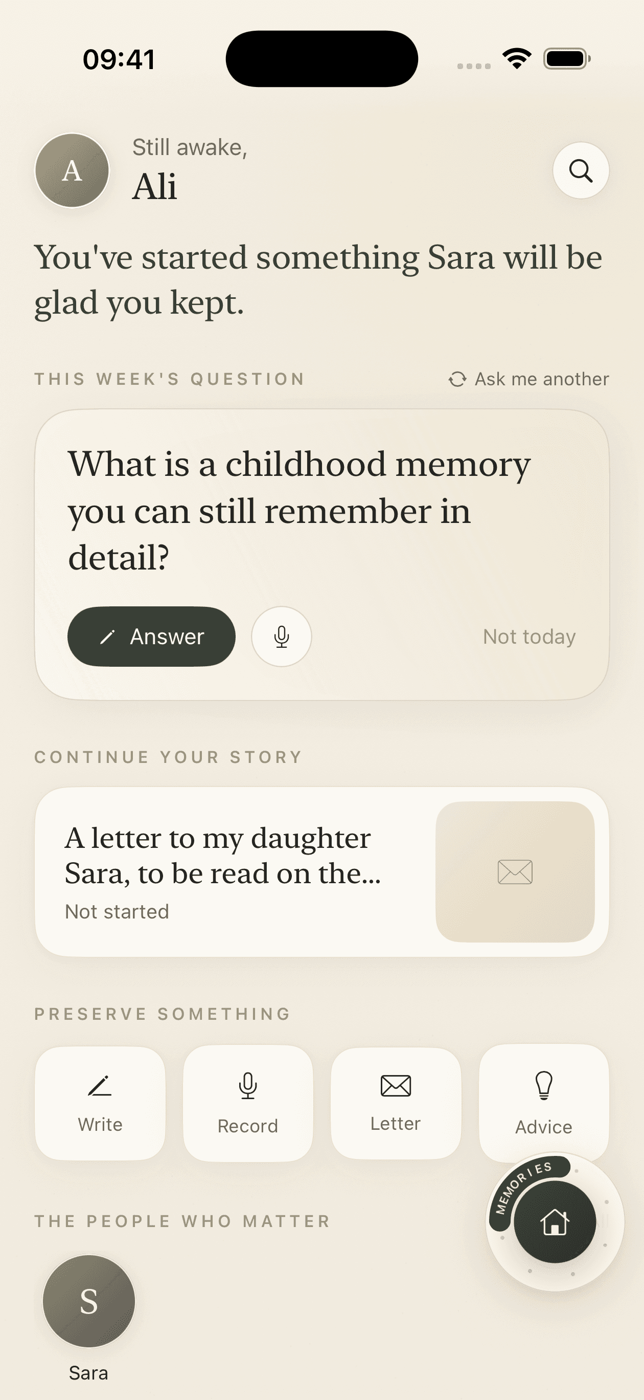 Kinward — Home, with this week's question and a letter already started