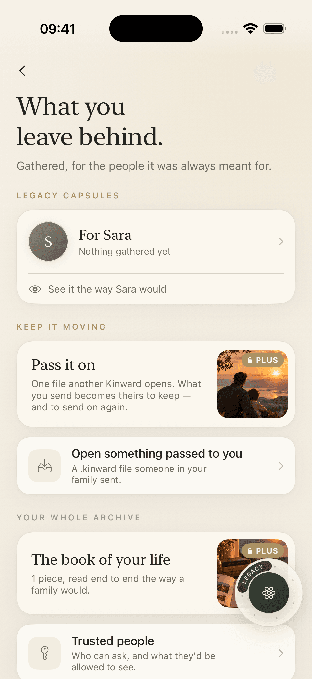 Kinward — Legacy: capsules, passing things on, and the book of your life