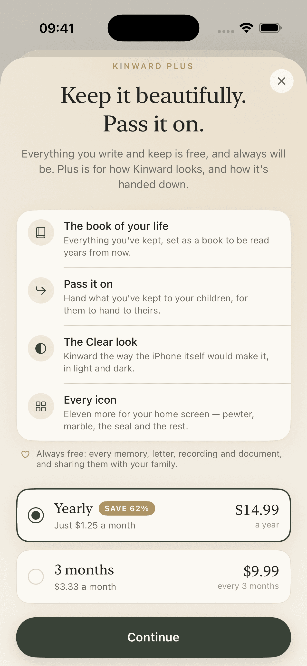 Kinward Plus — the book of your life, passing things on, the Clear look and every icon