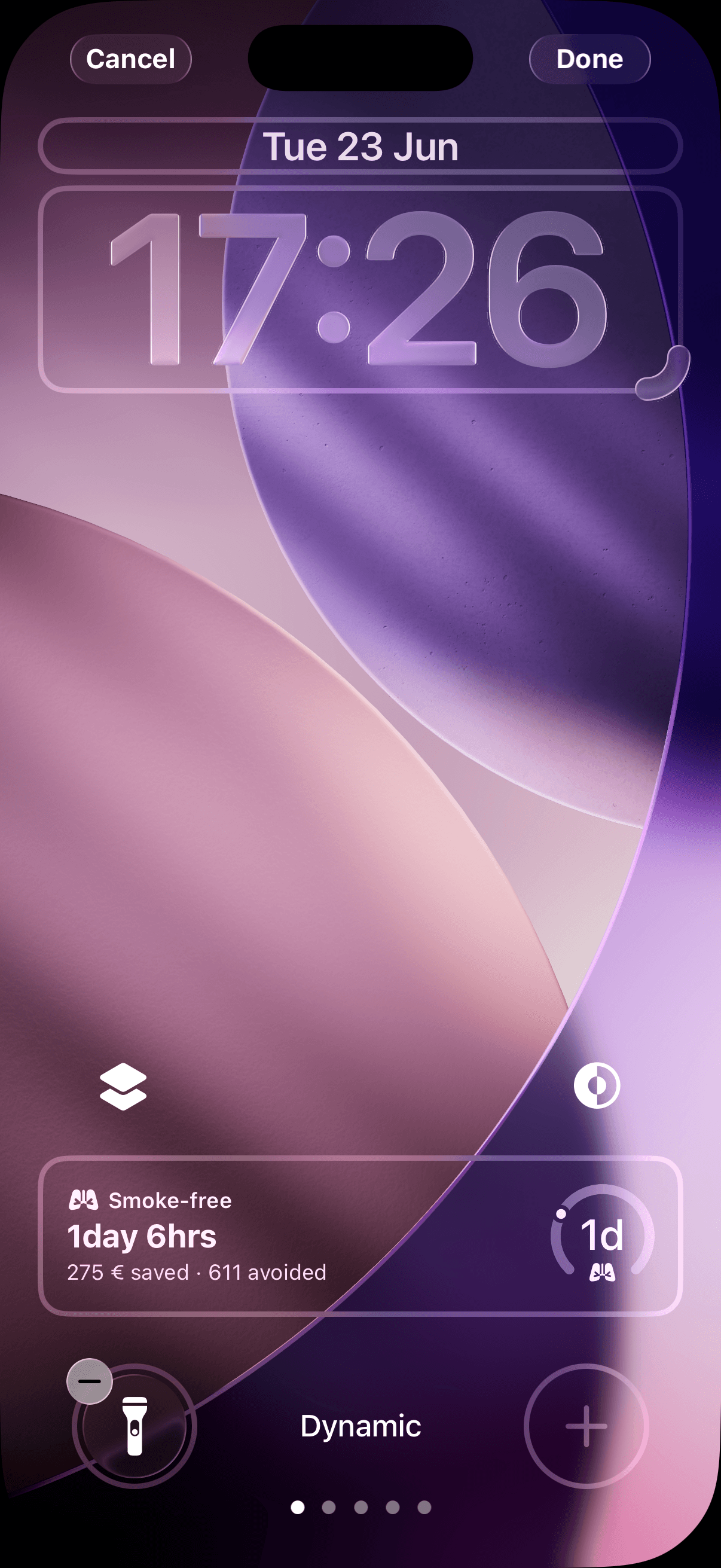 Smokesmart Lock Screen widget showing smoke-free time and money saved