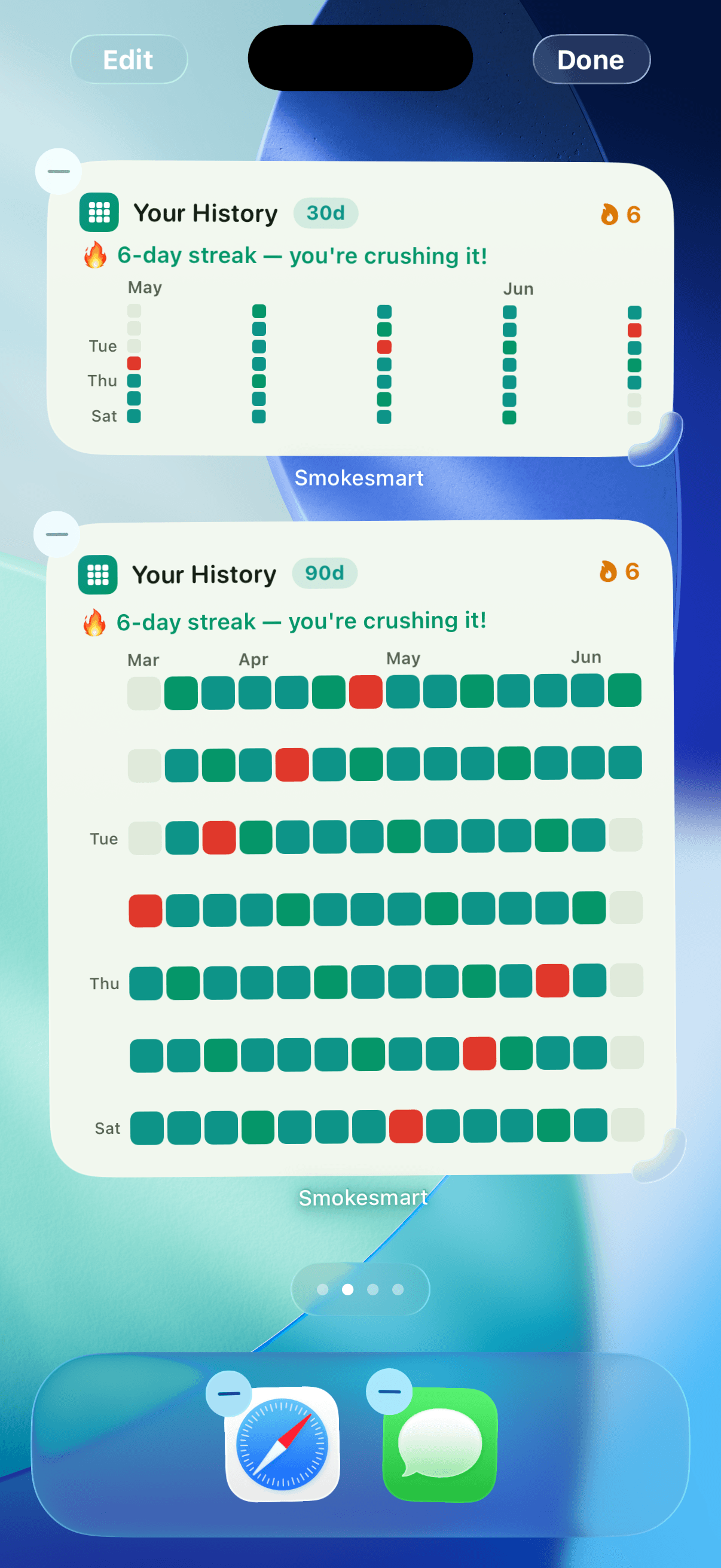 Smokesmart Home Screen widgets with the streak history grid