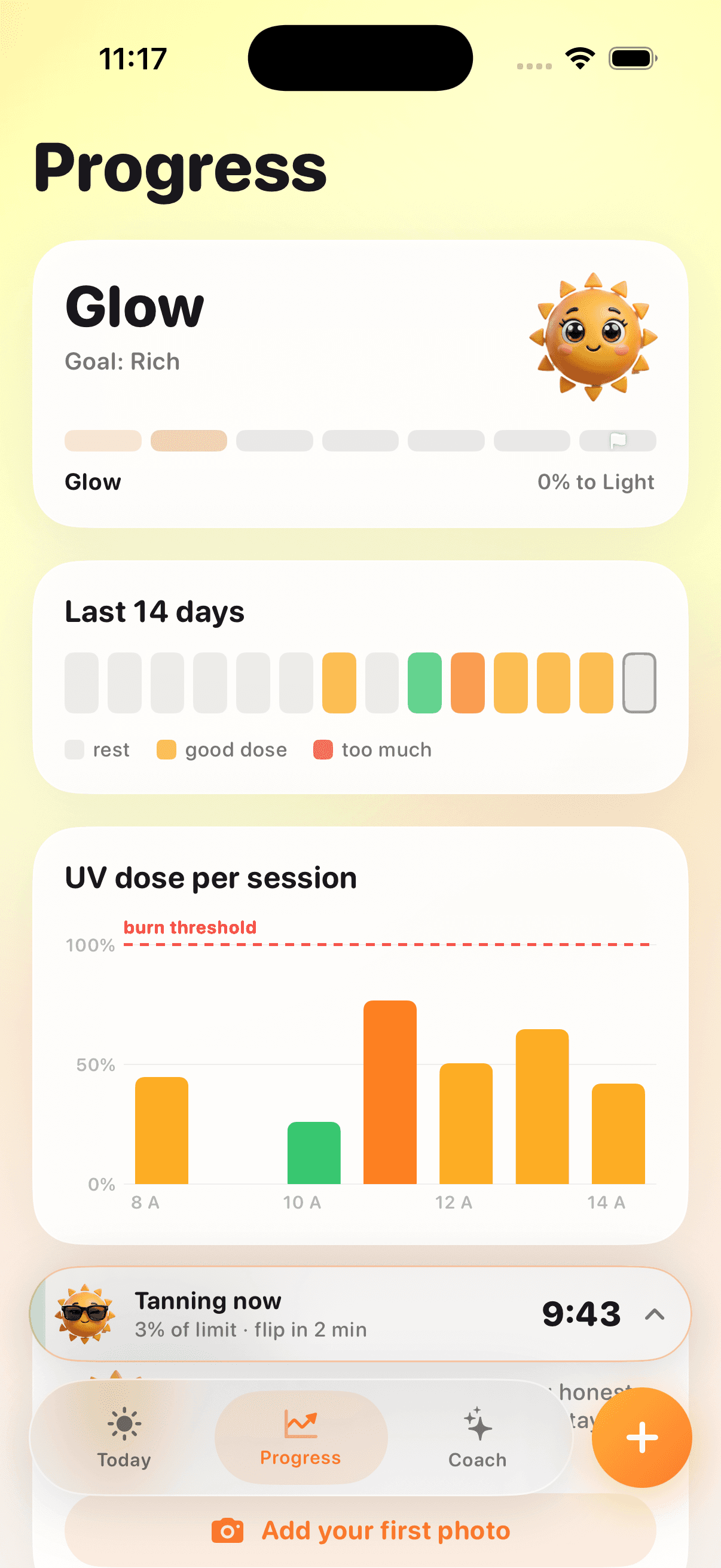 Tan Buddy — progress, tan level, and UV dose per session